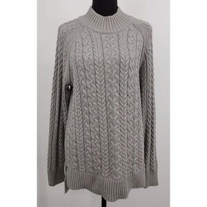 Jeanne Pierre Fisherman Sweater L Grey Mock Neck Preppy Chunky Cable Knit Cotton